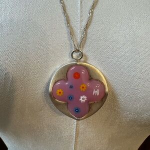 Alan K Pink Floral Silver Pendant Necklace